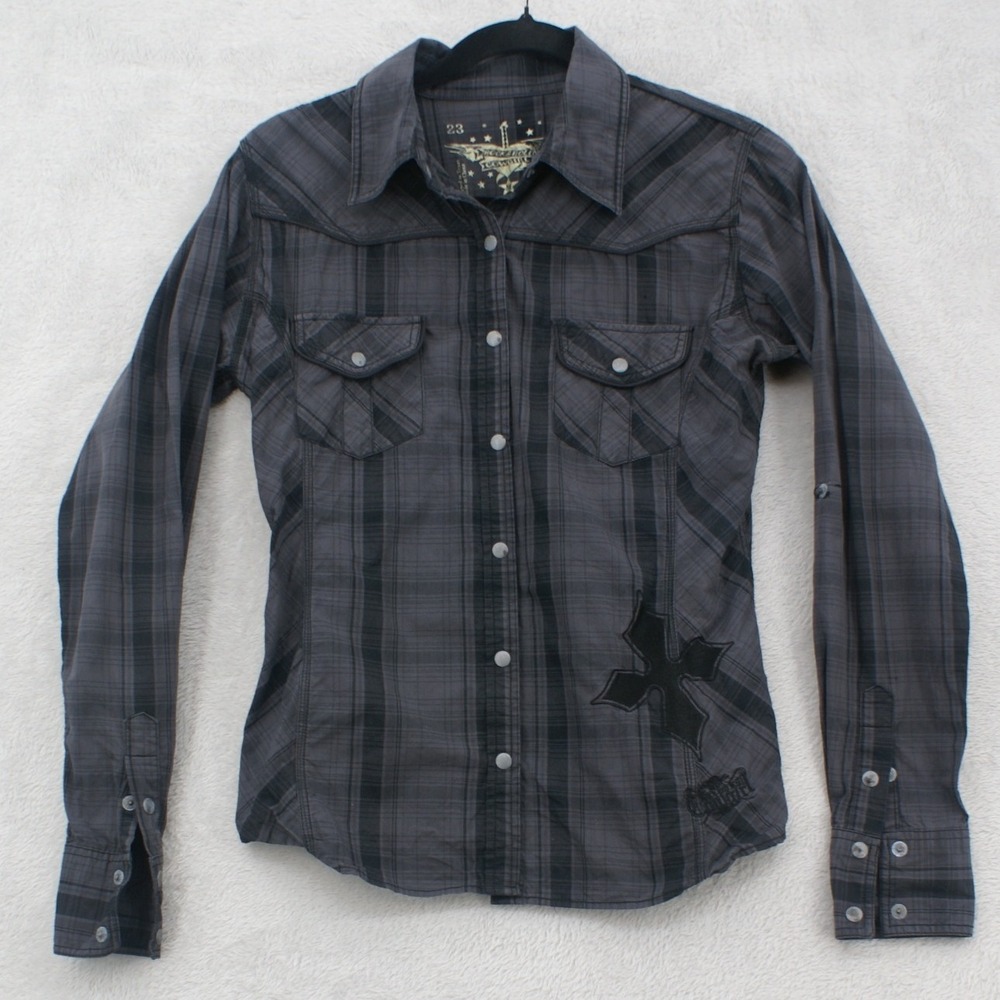 Rock and Roll Cowgirl Womens Grey Plaid Cross Wing Western Snap Shirt B46523 M